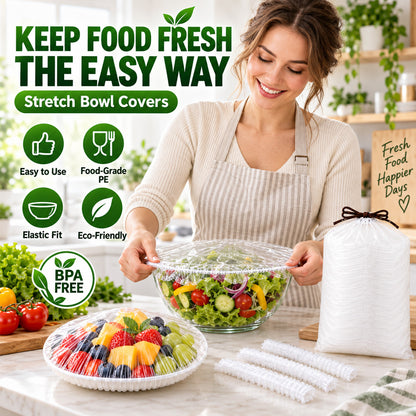 ❄️ 100PCS Disposable Stretch Food Covers🥡 Elastic Kitchen Bowl & Plate Lids, Plastic Wrap Alternative for Food Storage & Leftovers Preservation 🥗