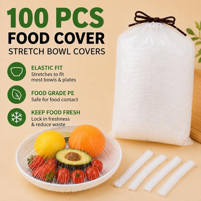 ❄️🥡 100PCS Disposable Stretch Food Covers, Elastic Kitchen Bowl & Plate Lids, Plastic Wrap Alternative for Food Storage & Leftovers Preservation – Buy 1 Get 1 Free, 200PCS Total