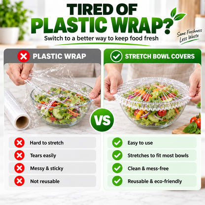 ❄️ 100PCS Disposable Stretch Food Covers🥡 Elastic Kitchen Bowl & Plate Lids, Plastic Wrap Alternative for Food Storage & Leftovers Preservation 🥗