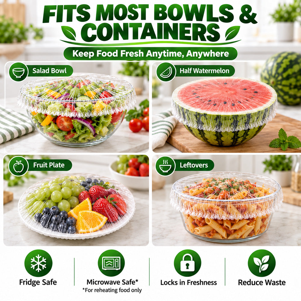 ❄️ 100PCS Disposable Stretch Food Covers🥡 Elastic Kitchen Bowl & Plate Lids, Plastic Wrap Alternative for Food Storage & Leftovers Preservation 🥗