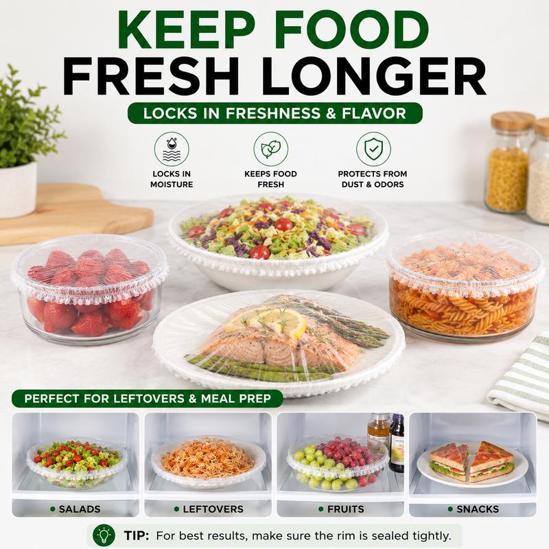 ❄️🥡 100PCS Disposable Stretch Food Covers, Elastic Kitchen Bowl & Plate Lids, Plastic Wrap Alternative for Food Storage & Leftovers Preservation – Buy 1 Get 1 Free, 200PCS Total